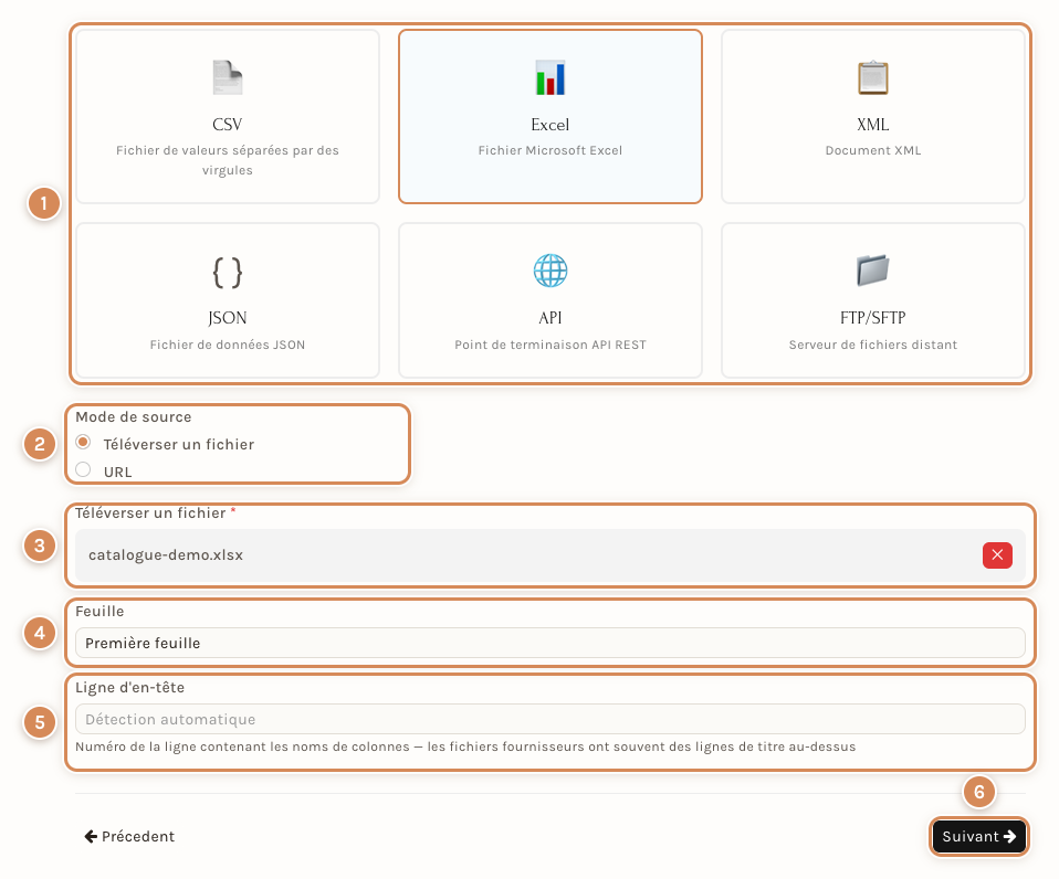 L'assistant, étape 2 : le type de source et le fichier téléversé