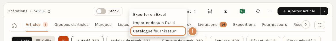 Le menu Données de l'onglet Articles, avec Catalogue fournisseur