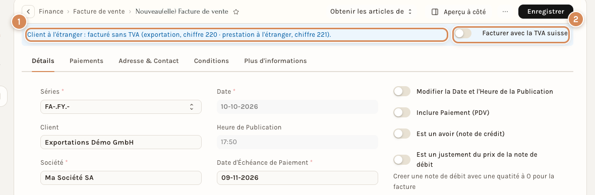 Le bandeau Client à l'étranger et l'interrupteur Facturer avec la TVA suisse