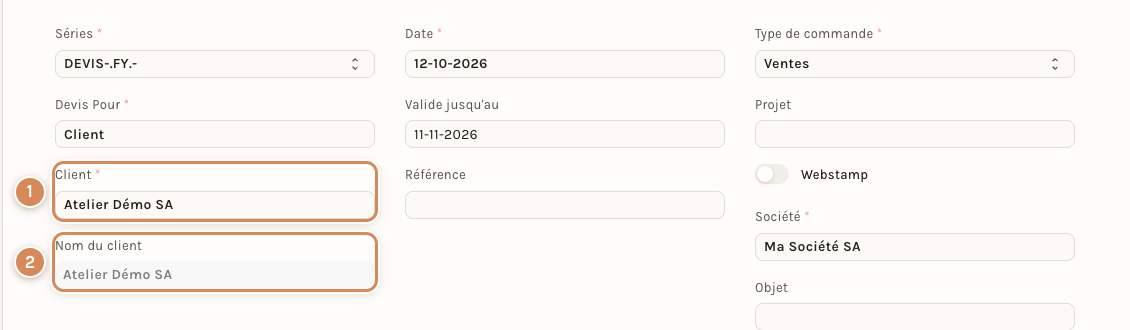 Un devis : le champ Client, modifiable, et Nom du client, grisé