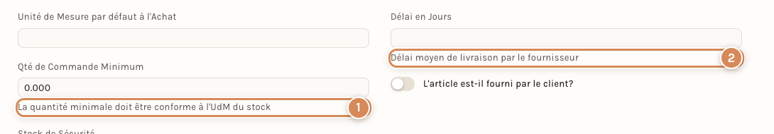 L'onglet Achats d'un nouvel article, avec l'aide sous deux champs