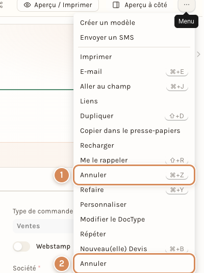 Le menu ⋯ d'un devis validé : deux entrées Annuler