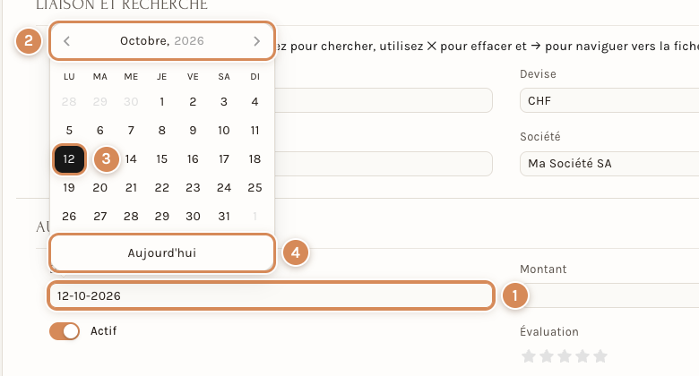 Le calendrier ouvert sous le champ Date
