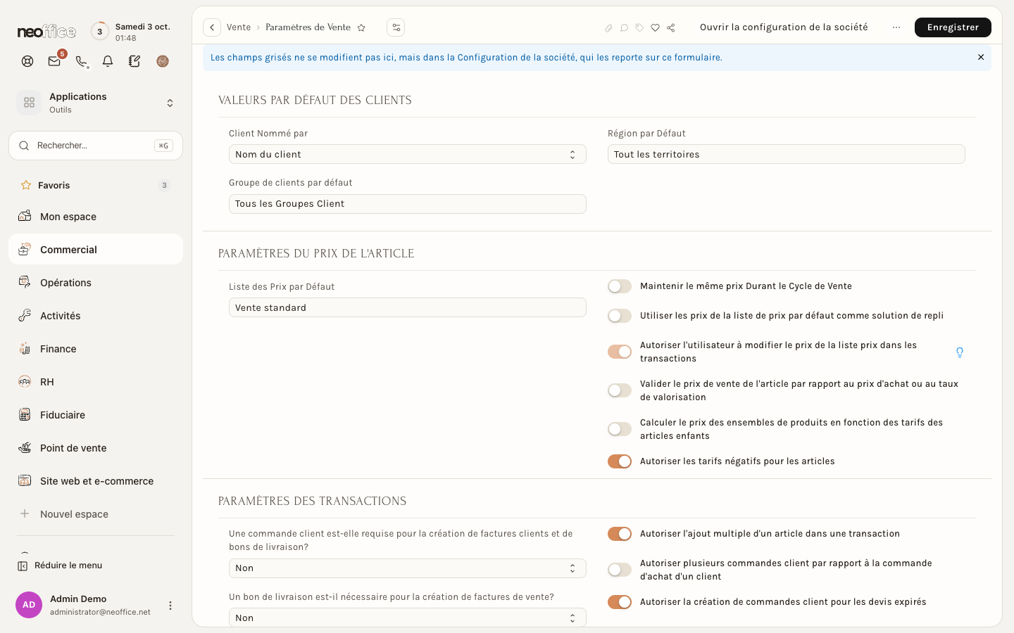 Les paramètres de vente : le bandeau bleu et le bouton Ouvrir la configuration de la société en haut de la page ; presque tous les champs restent modifiables ici
