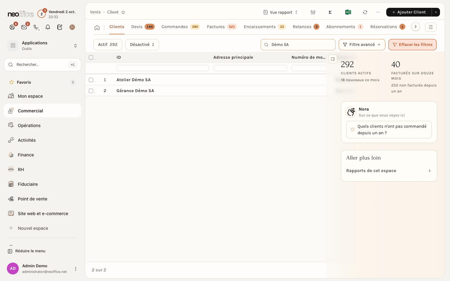 La liste des clients, ici filtrée sur le client de démonstration ; le bouton Ajouter Client est en haut à droite