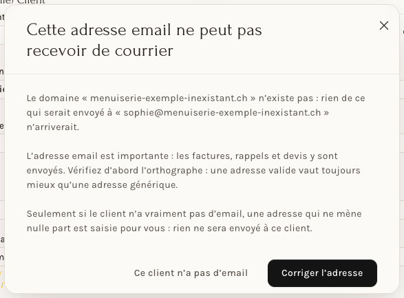 La fenêtre « Cette adresse email ne peut pas recevoir de courrier »