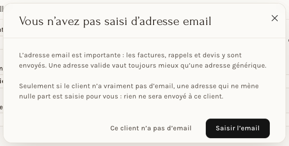 La fenêtre « Vous n'avez pas saisi d'adresse email »