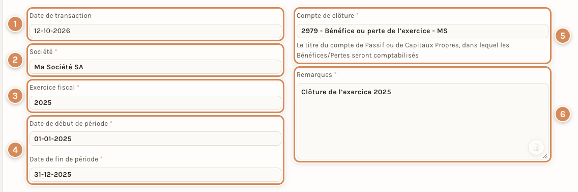Le formulaire d'un bon de clôture de la période