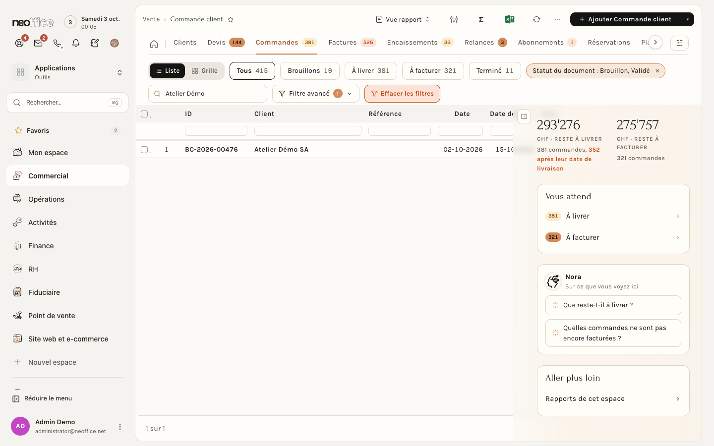 La liste des commandes, ici filtrée sur le client de démonstration