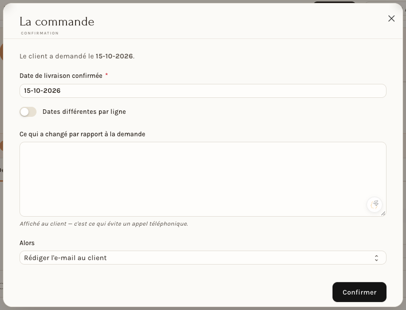 La fenêtre de confirmation de commande