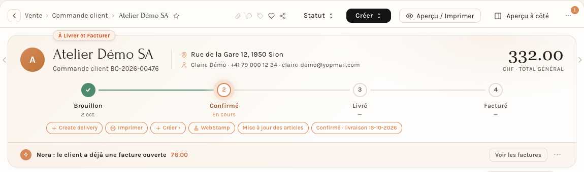 L'en-tête de la commande une fois la livraison confirmée