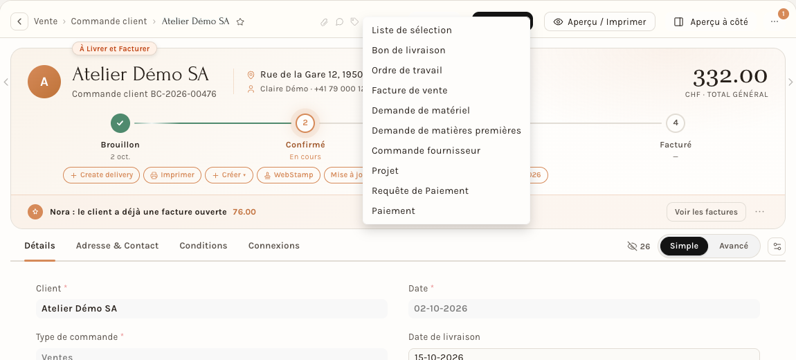 Le menu Créer d'une commande validée