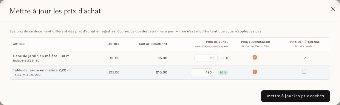 La fenêtre Mettre à jour les prix d'achat