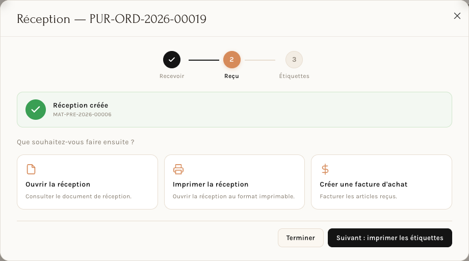 La réception créée et les suites proposées