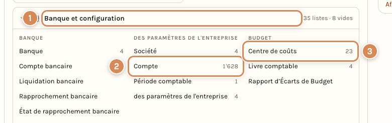 Le bloc Banque et configuration de l'espace Finance : l'entrée Compte, avec le nombre de comptes