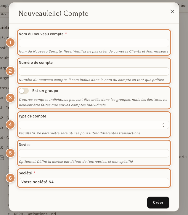 La fenêtre de création d'un compte : nom, numéro, groupe, type, devise, société