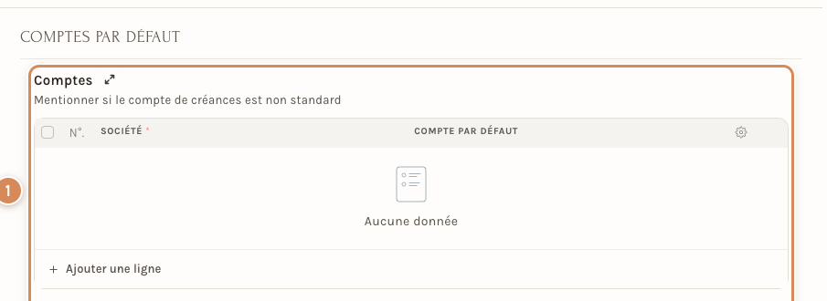 Les comptes par défaut d'un client : un tableau vide, donc le compte de la société s'applique