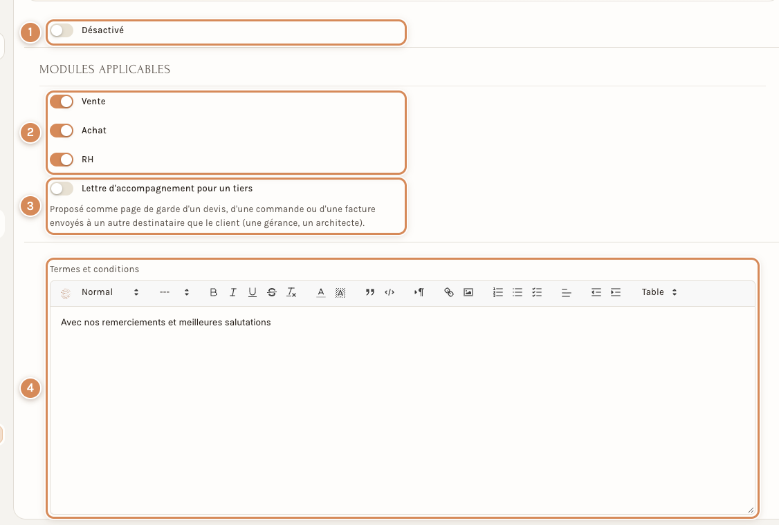 Un texte de termes et conditions : l'interrupteur Désactivé, les modules, la lettre d'accompagnement pour un tiers et l'éditeur du texte