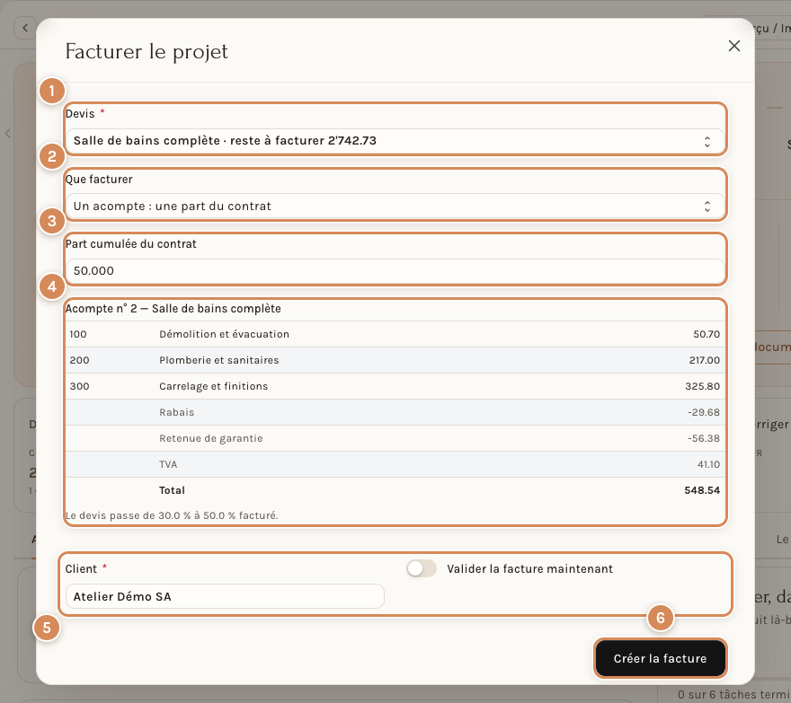 La fenêtre Facturer le projet : un acompte à 50 % du contrat