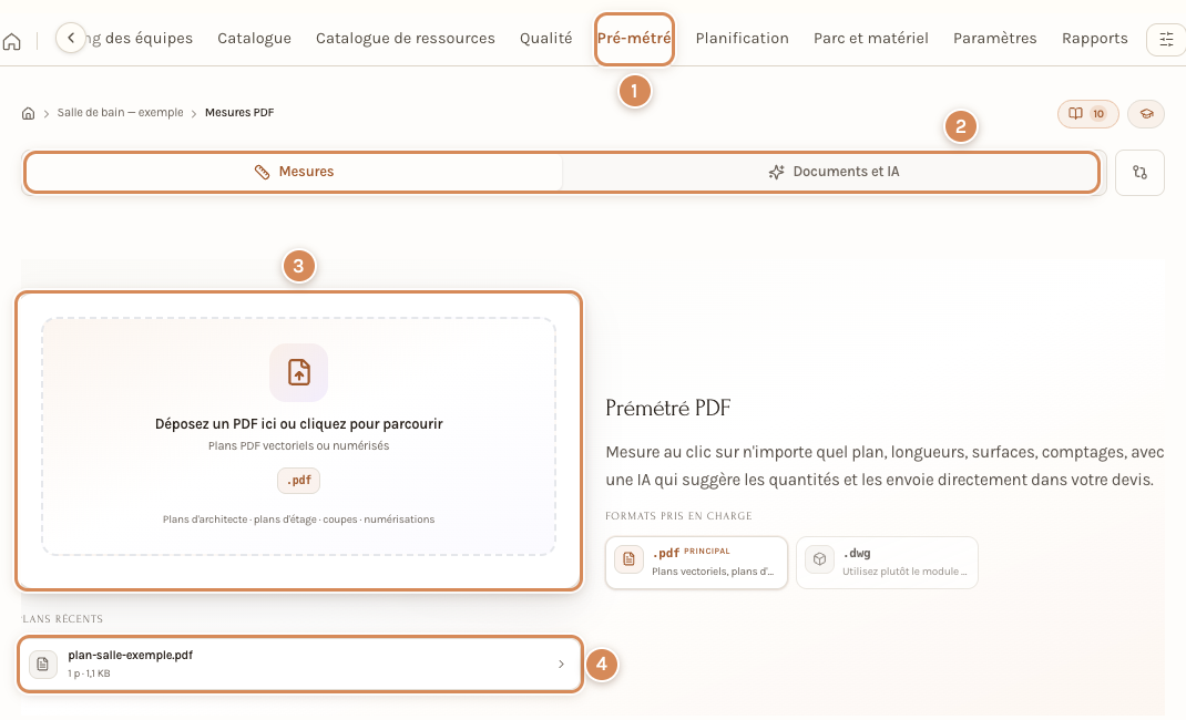 L'onglet Pré-métré et la page Mesures PDF