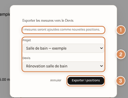 La fenêtre Exporter les mesures vers le Devis