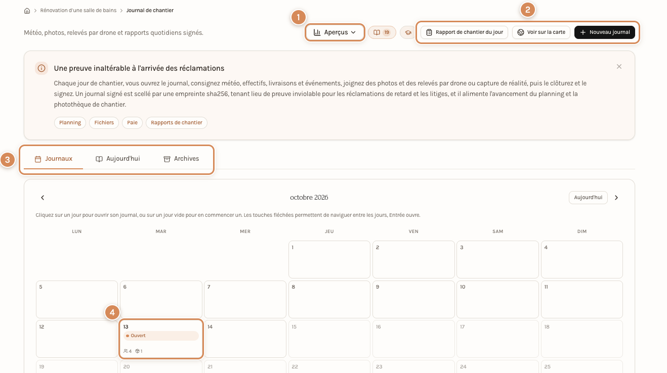 Le journal de chantier : le calendrier du mois