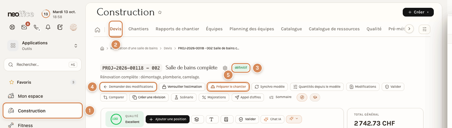 Le devis définitif : le bouton Préparer le chantier, à côté de Demander des modifications