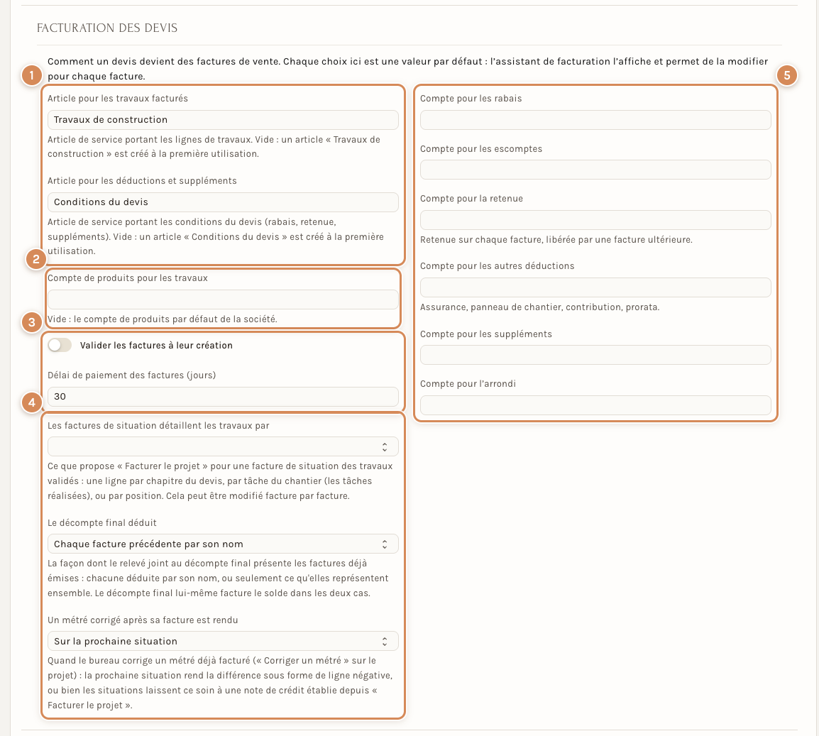 La section Facturation des devis