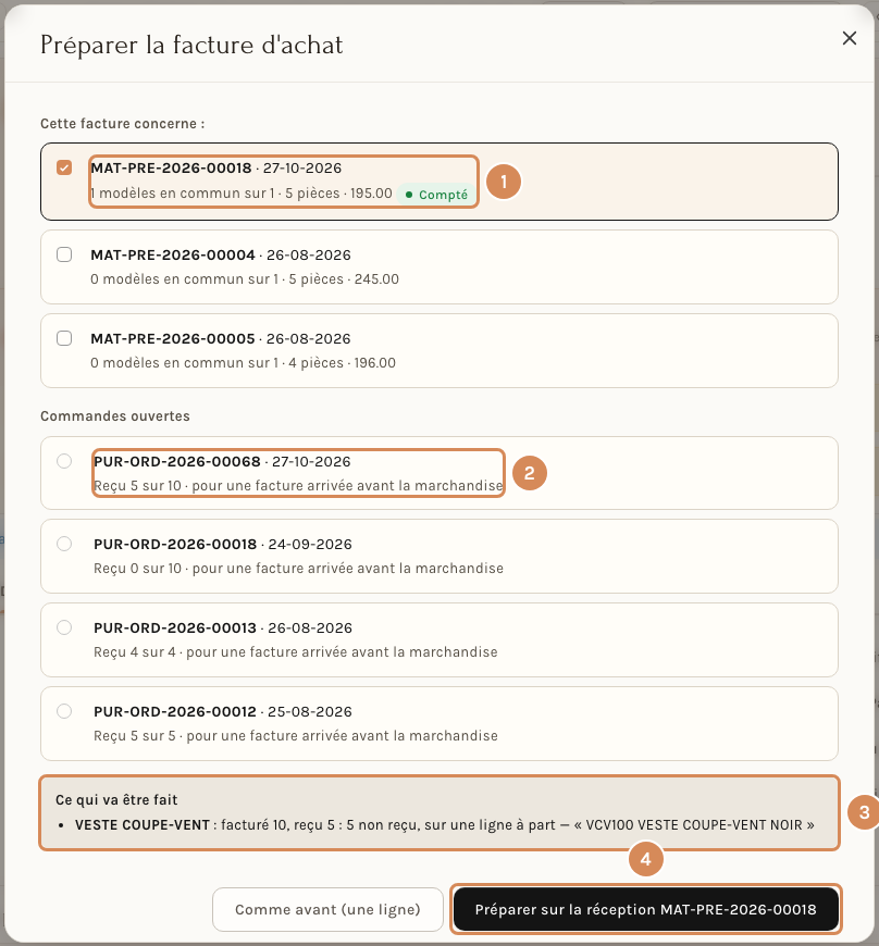 La fenêtre Préparer la facture d'achat