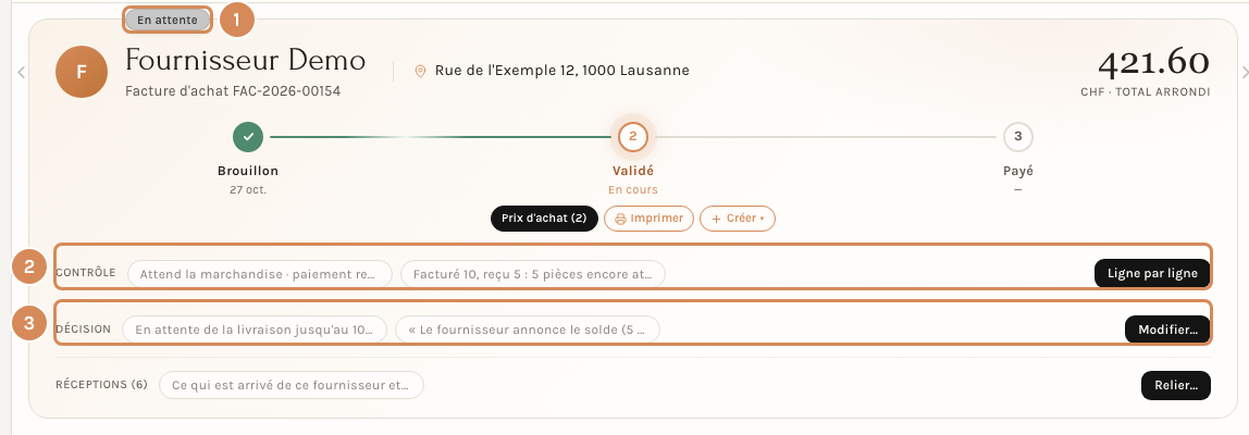 La facture retenue, avec la décision prise