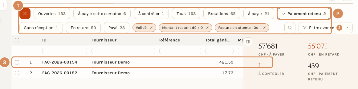 La vue Paiement retenu de l'onglet Factures d'achat