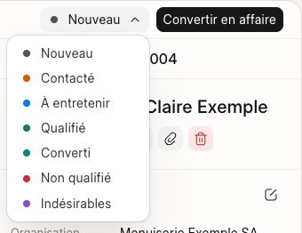 Le menu des statuts d'un prospect