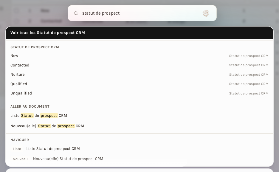 La recherche « statut de prospect » : les statuts existants et les liens de liste et de création