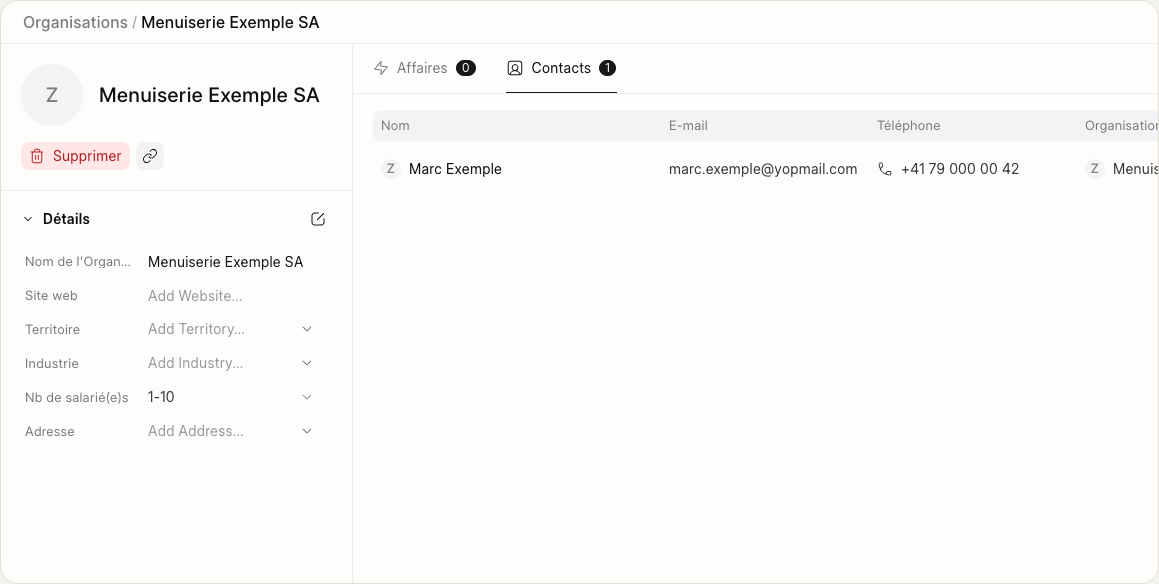 Une fiche d'organisation, onglet Contacts