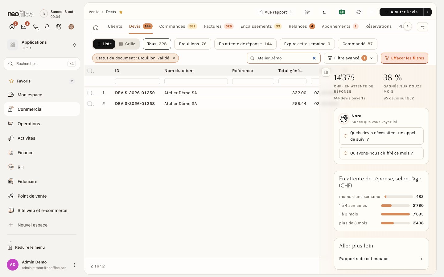 La liste des devis, ici filtrée sur le client de démonstration