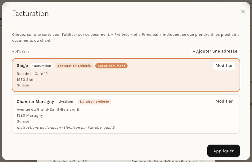 Le panneau Facturation