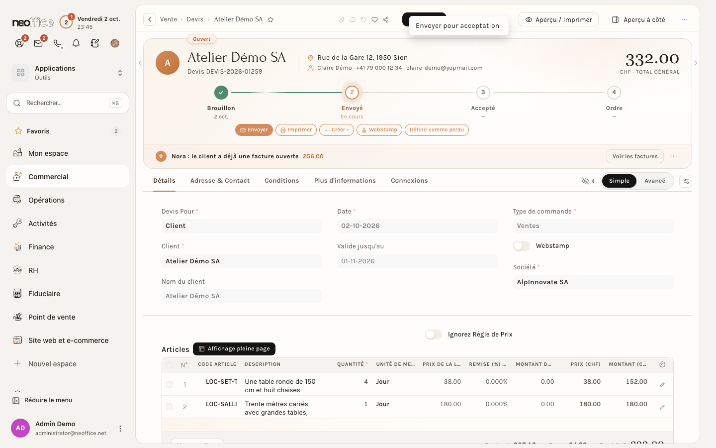Le menu Acceptation