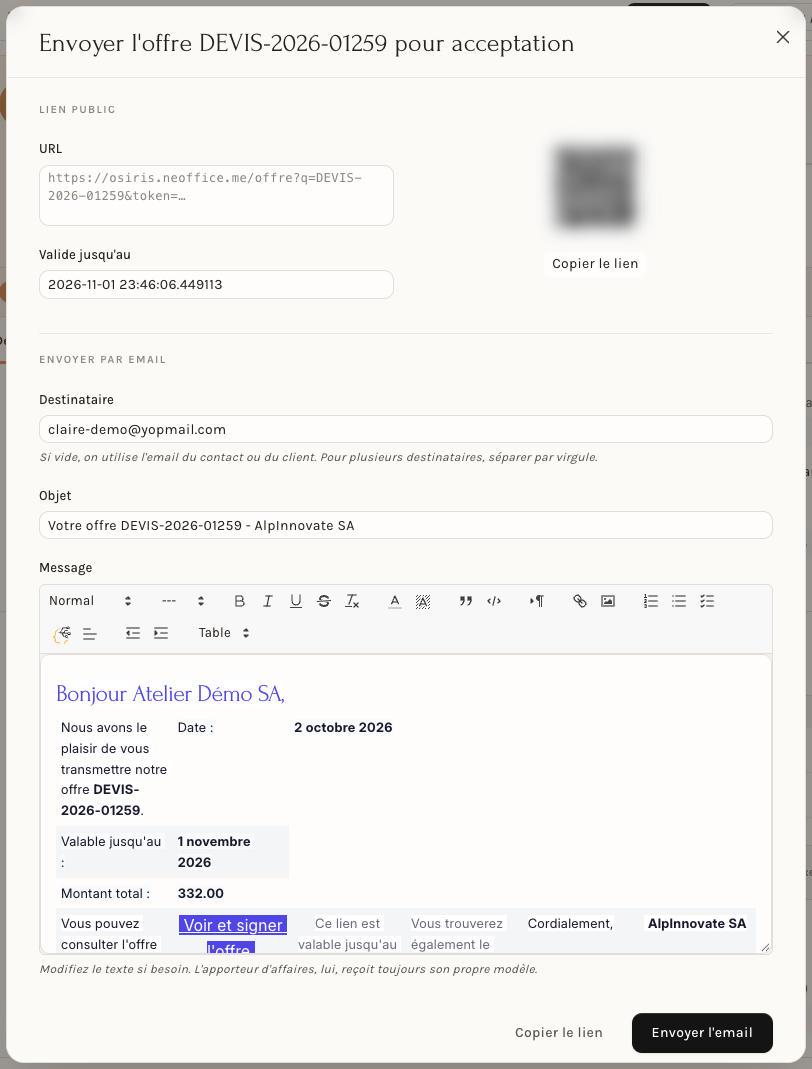 La fenêtre d'envoi pour acceptation (le lien et son code QR sont masqués sur cette image)