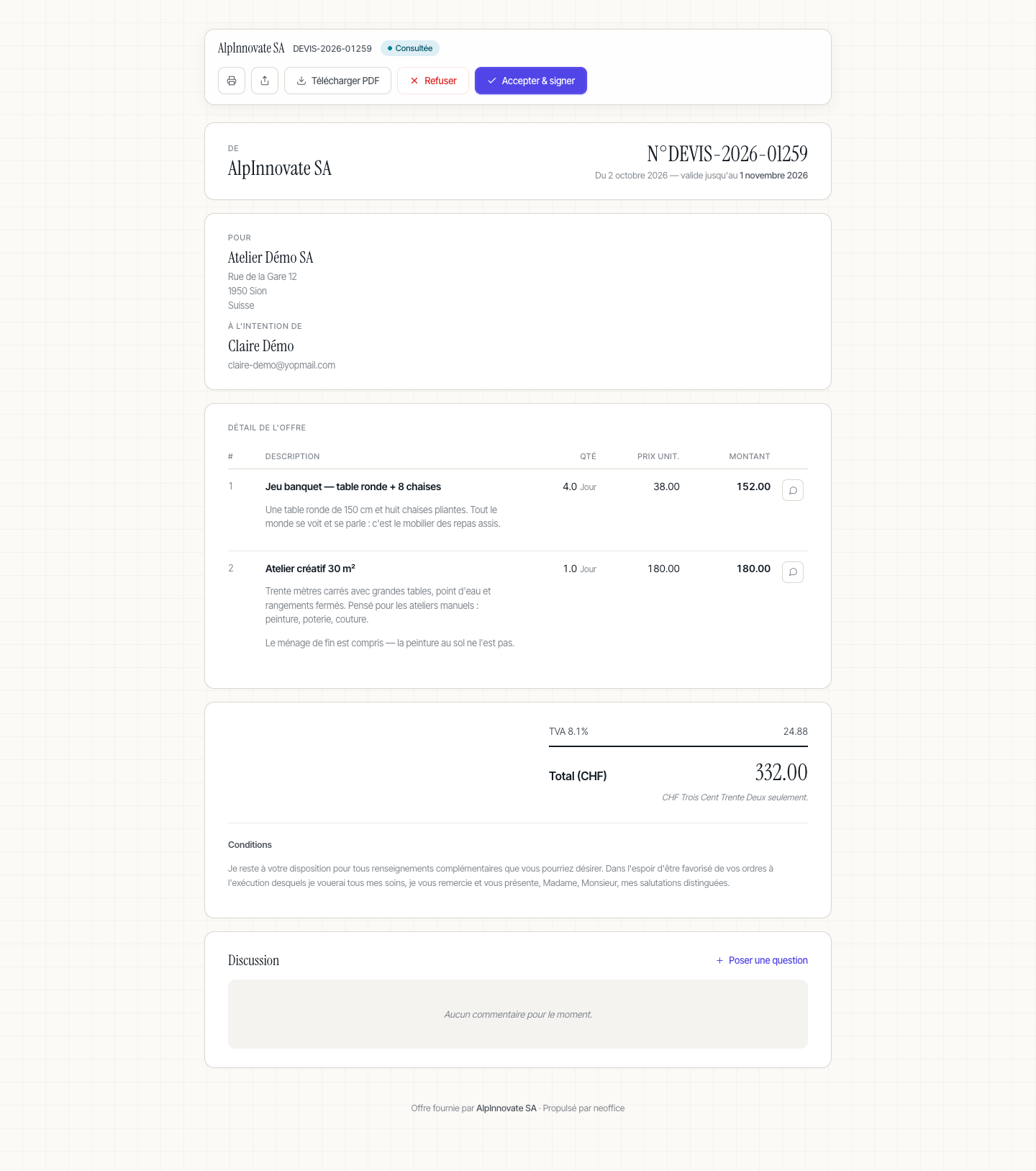 La page publique de l'offre, telle que la voit le client