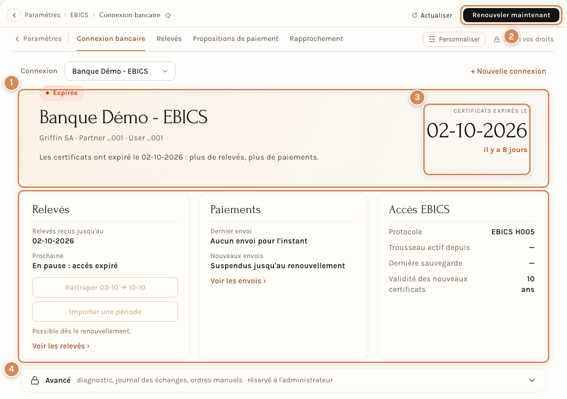 La carte Expirée : les certificats ont pris fin, le bouton Renouveler maintenant et les panneaux Relevés et Paiements suspendus