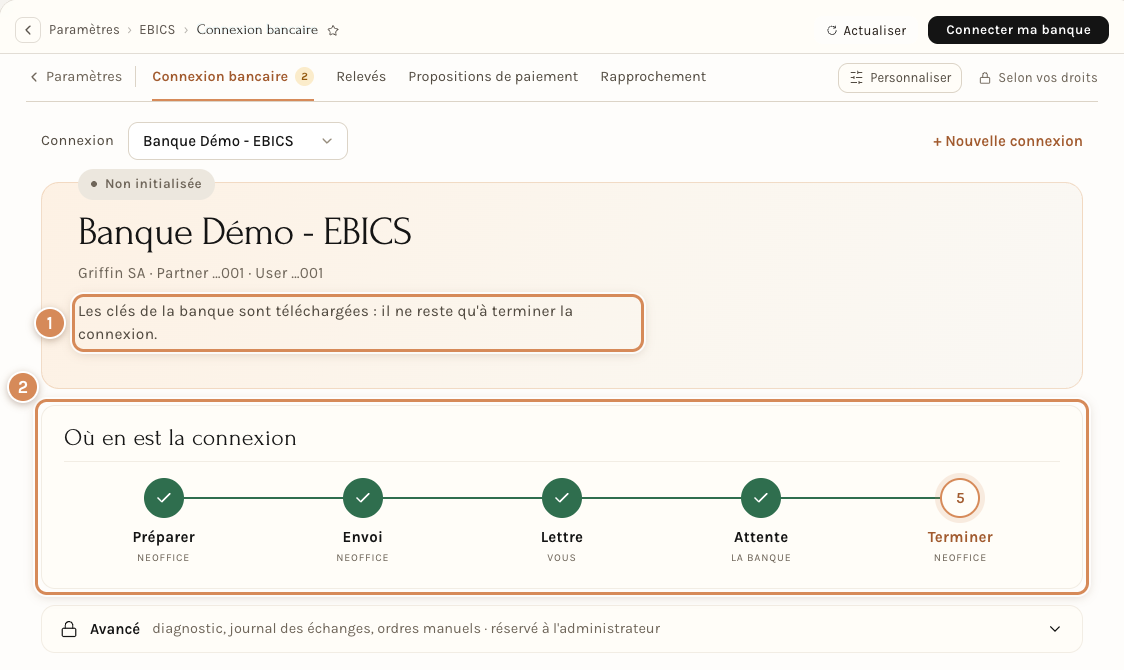 Une connexion dont les clés de la banque sont téléchargées : les quatre premières étapes sont cochées, la cinquième, Terminer, reste à faire