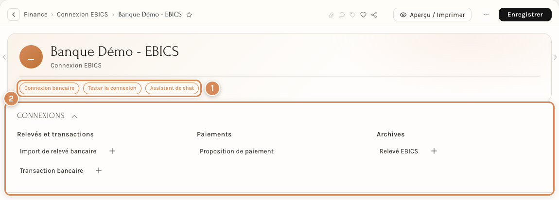 Le haut du formulaire d'une connexion : les trois boutons et le bloc Connexions
