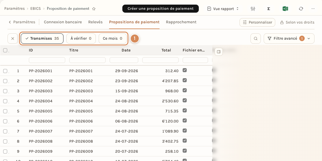 L'onglet Propositions de paiement de l'espace Paramètres › EBICS : les vues Transmises, À vérifier et Ce mois et la liste des propositions (les identifiants et les montants de l'exemple sont fictifs)