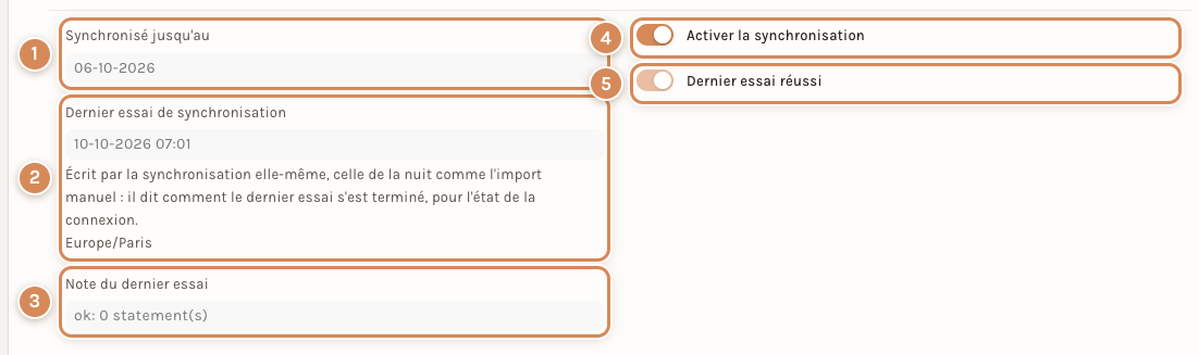 La section Synchronisation d'une connexion activée