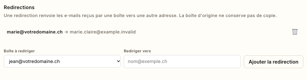 La section Redirections
