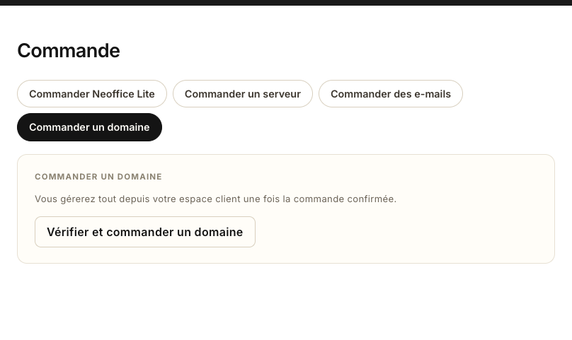 L'onglet Commander un domaine de la page Commande