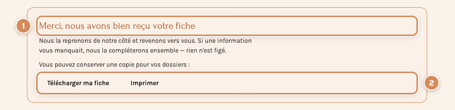 La confirmation d'envoi : « Merci, nous avons bien reçu votre fiche »