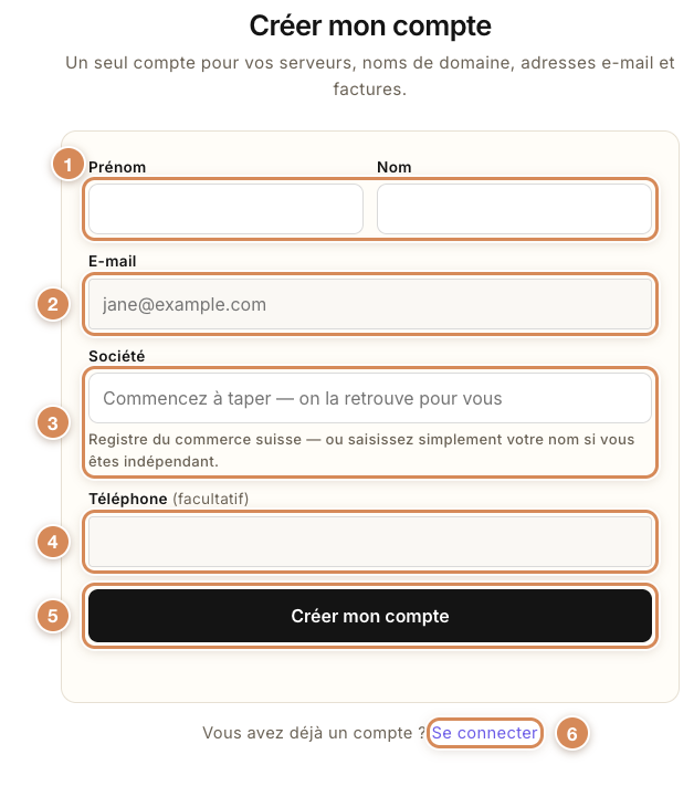 La page Créer mon compte : prénom, nom, e-mail, société, téléphone et le bouton Créer mon compte