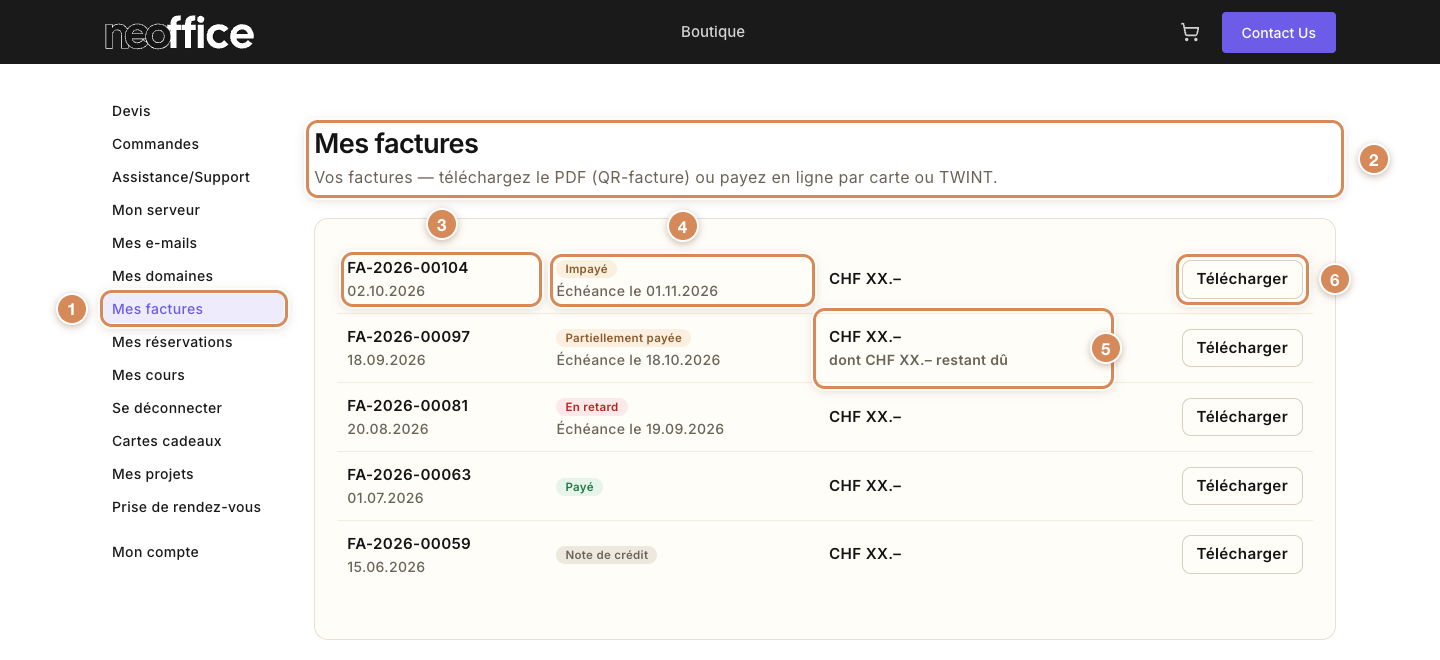 La page Mes factures : cinq factures avec leur état, leur échéance et leur montant, le bouton Télécharger sur chaque ligne