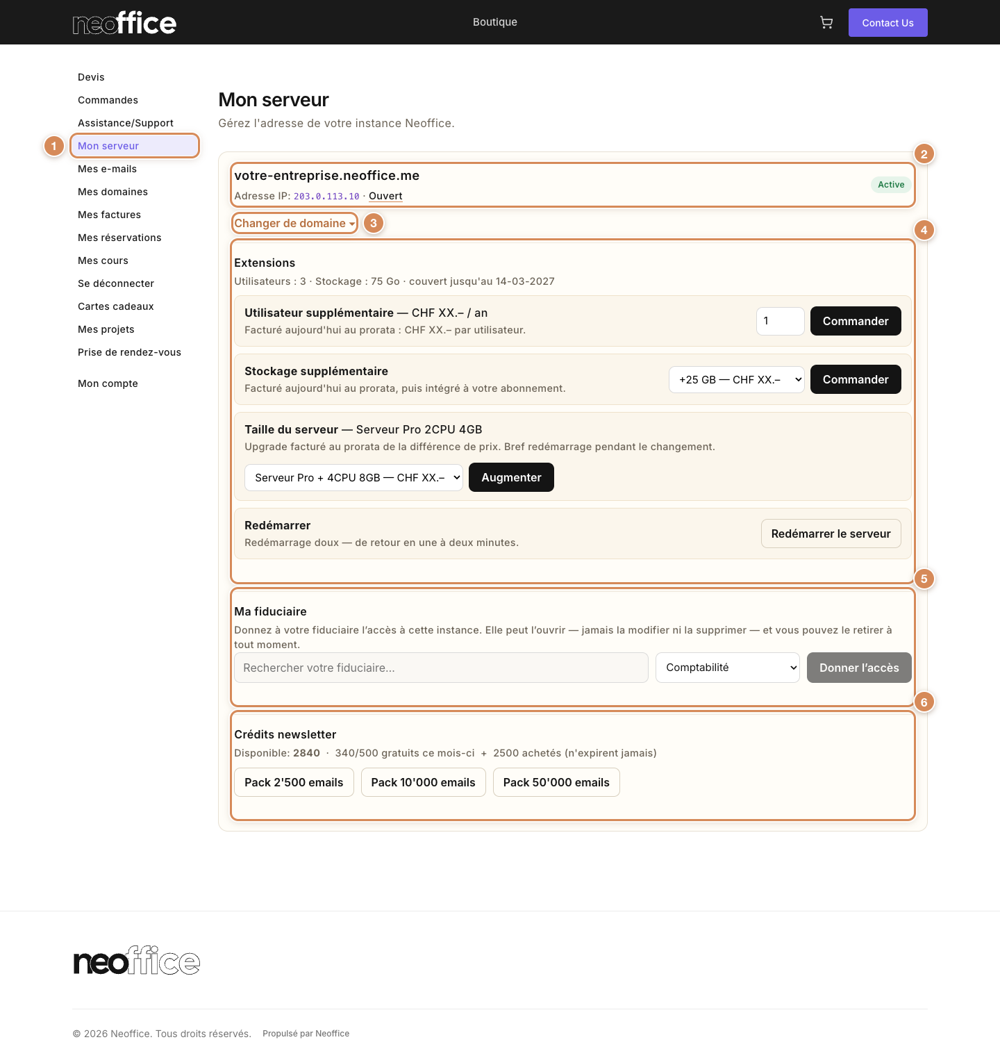 La page Mon serveur d'une société qui a un serveur actif, des extensions disponibles et pas encore de fiduciaire